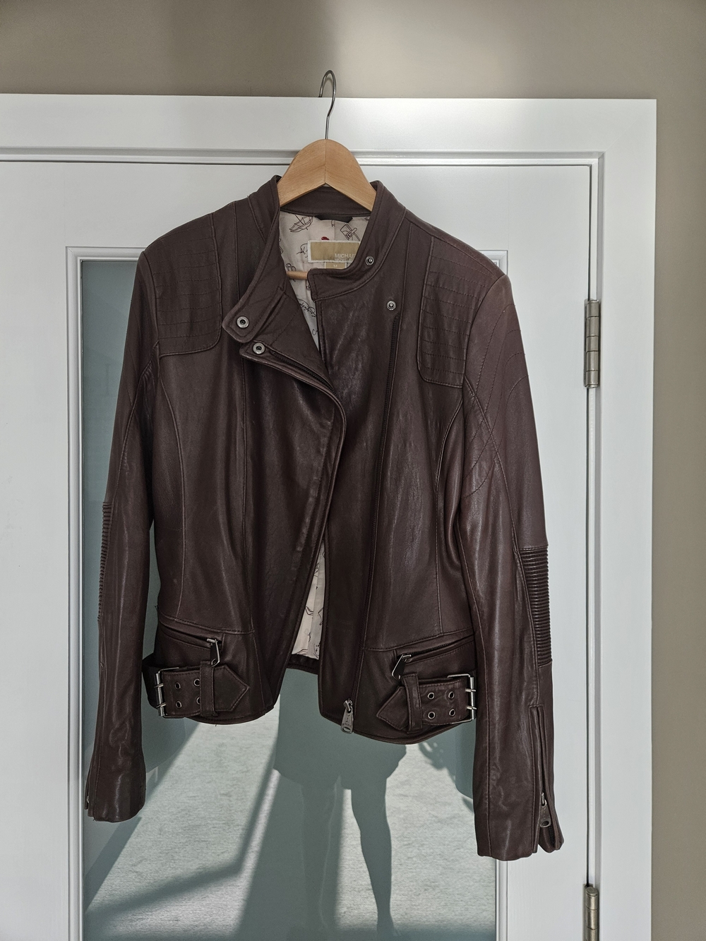 MICHAEL KORS 100% Genuine Lambskin Leather Moto Jacket - Chocolate Brown